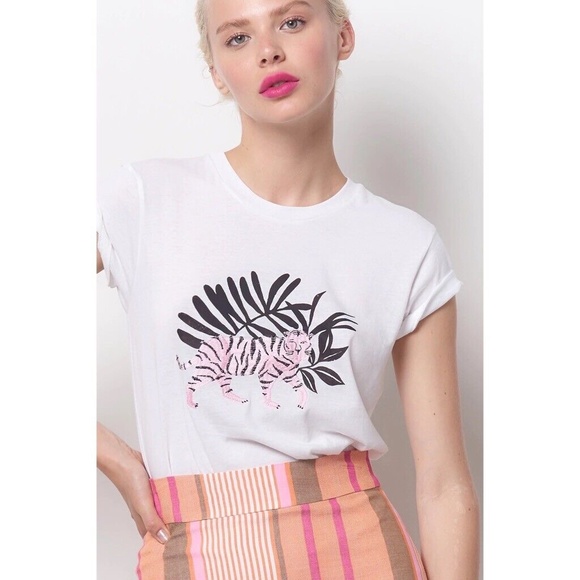CLC COREY LYNN CALTER Yvette Embroidered Tiger Tee Screen-Print White Knit Small - Picture 1 of 12